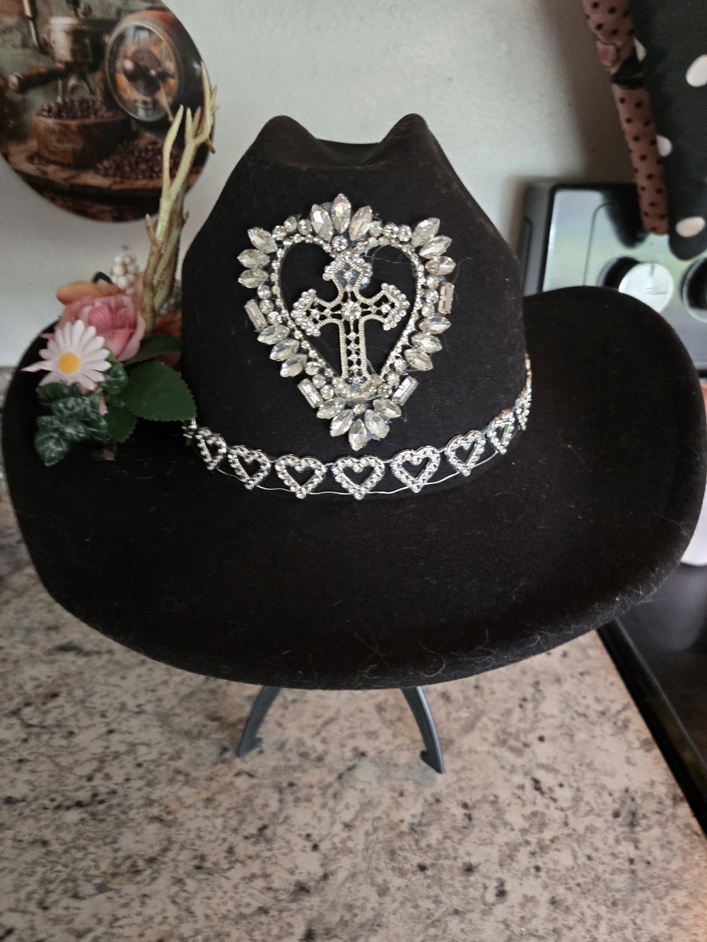 Women's Black Rhinestone Heart & Cross Western Hat with Heart Band